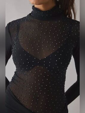 AFRM Black Sheer Beaded Turtleneck Long Sleeve Top